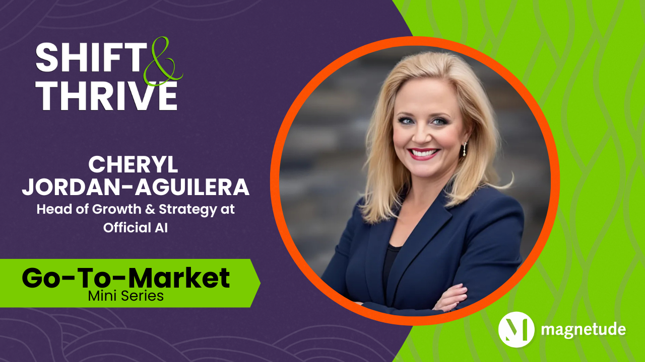 Shift and Thrive podcast promo image with Cheryl Jordan-Aguilera headshot