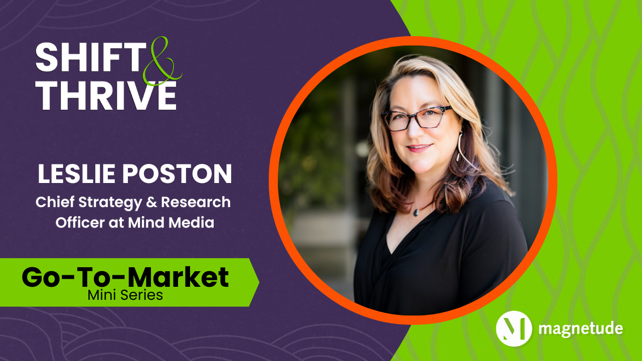 Shift and Thrive podcast promo image with Leslie Poston headshot