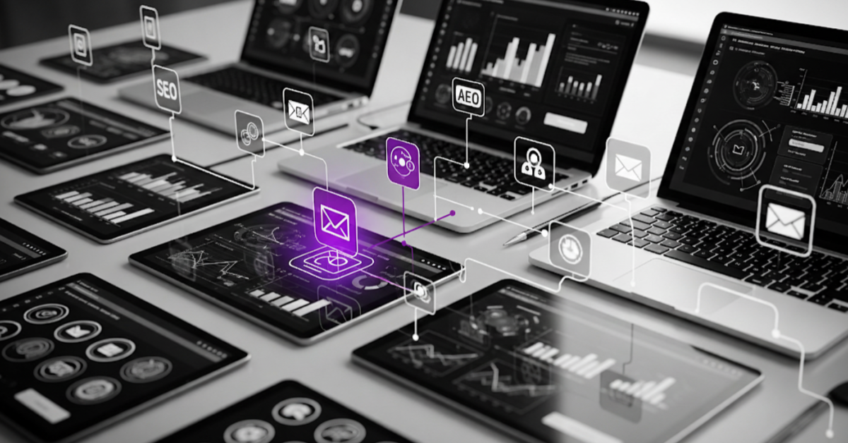 Black and white picture of marketing technology tools with one pop of purple color