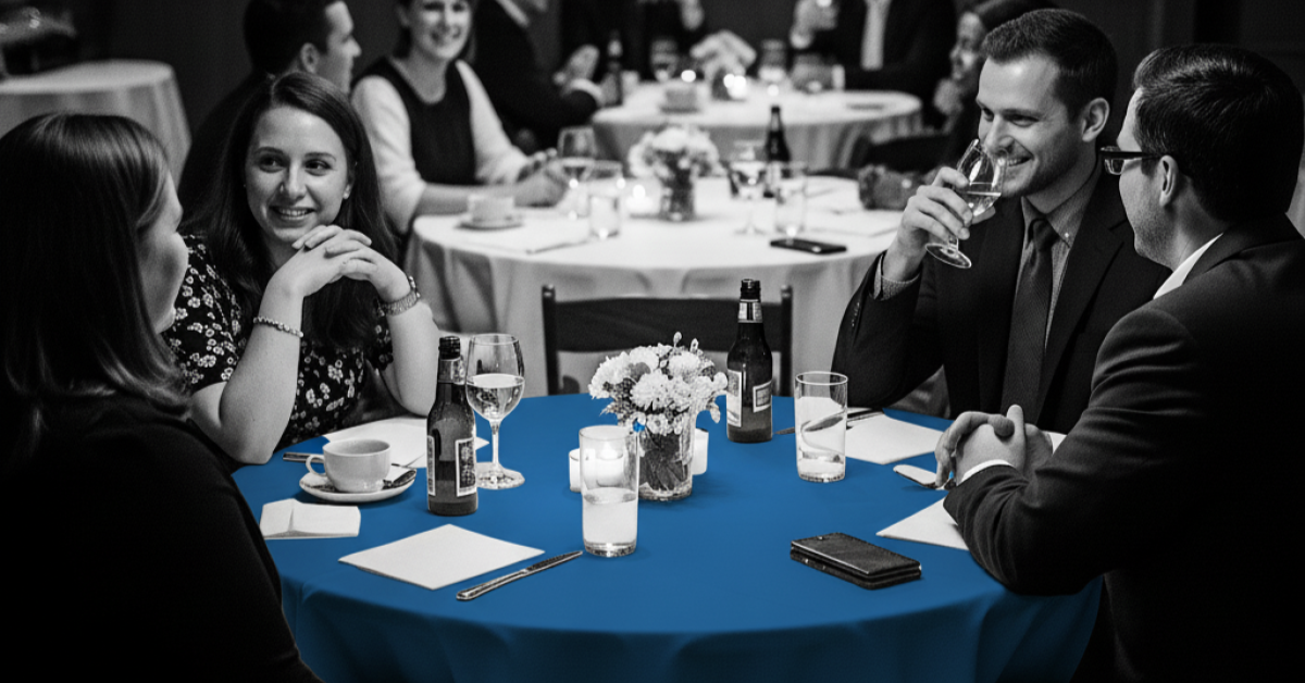 Dinner with guests sitting around a table